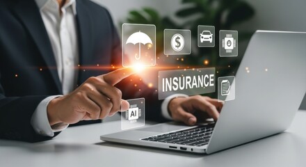 Businessman interacting with holographic insurance icons and digital interface on a laptop computer screen