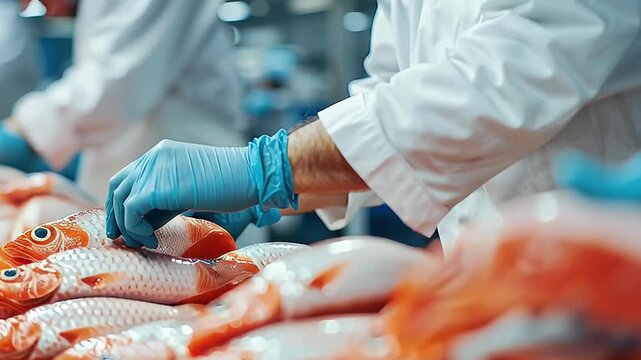 Hands preparing fish in a clean processing laboratory environment.