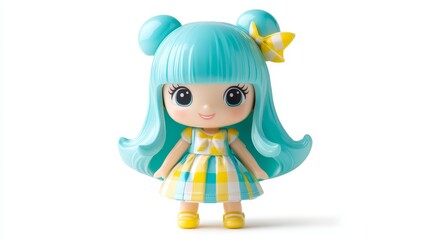 Adorable blue haired doll in sunny yellow dress cheerful playtime companion