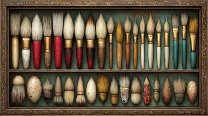 Paintbrushes in antique display case