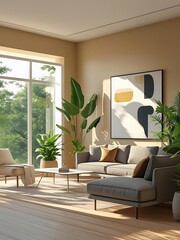 Fototapeta premium Modern Minimalist Living Room with Large Windows and Cozy Sofa Set 