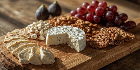 Fototapeta premium A wooden board featuring cheese, crackers, nuts, grapes, and figs in a natural light setting