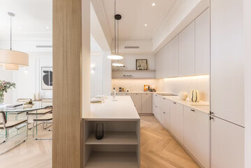 Modern luxury kitchen interior in minimal scandinavian style, 3d render