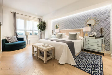 Modern luxury bedroom interior in minimal scandinavian style, 3d render