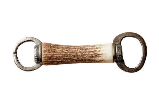 A long, elegant bottle opener with a handle of antler.  Metal loops, smooth antler.  Simple design