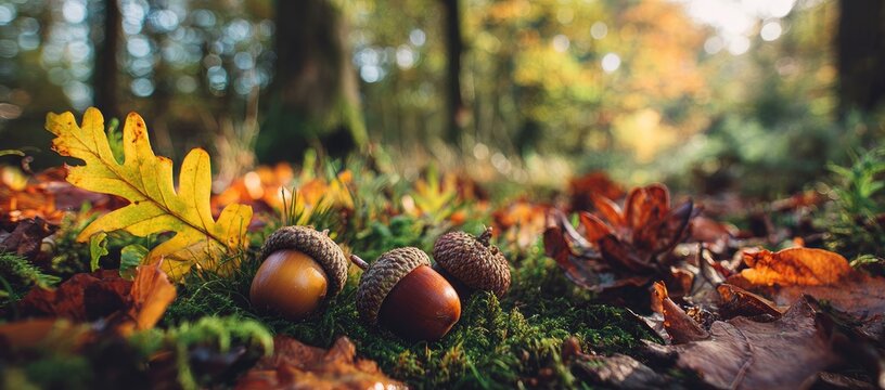 Autumnal forest floor with acorns and leaves