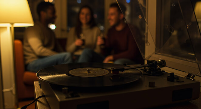Friends enjoying drinks while listening to vinyl records at home