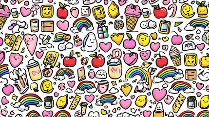 Whimsical, colorful doodle pattern of food, objects, and symbols on a white background
