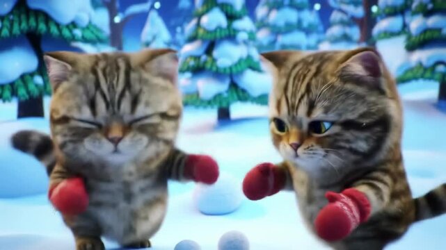 Adorable kittens in cozy mittens playing with snowballs in winter wonderland. concept of cute cat playtime, winter fun, and joyful holiday season