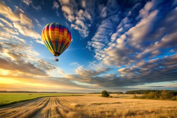 Colorful hot air balloon floating over golden fields at sunset under dramatic sky with clouds, creating a peaceful and adventurous landscape in summer