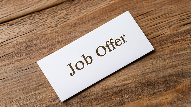 Job offer envelope on a wooden desk: New career opportunity. Potential employment awaiting decision. Excitement and career advancement prospects.