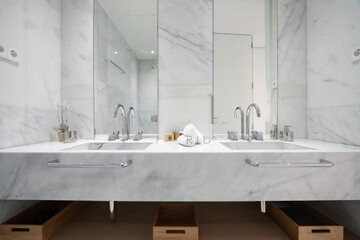 Modern bathroom interior in minimal scandinavian style, 3d render