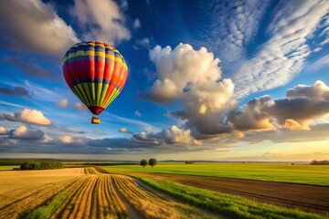 Colorful striped hot air balloon soaring above scenic farmland with dramatic clouds and sunlight breaking through the vibrant summer sky