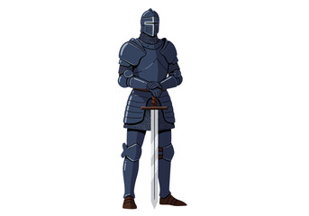 A knight in full plate armor stands ready sword planted a sentinel of medieval might
