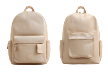 Two light beige backpacks, side-by-side, feature a simple design