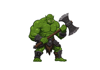 Green Orc Warrior poised to strike with double bladed axe