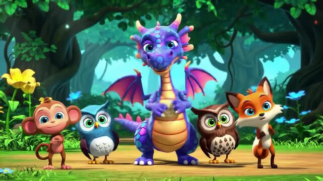 Colorful animated dragon dancing in enchanted forest with cute monkey, playful owl, and curious fox. concept of magical creatures, joyful friendship, animated adventure.