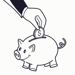 Hand depositing a dollar coin into a smiling piggy bank