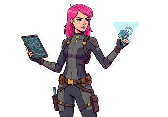 Techsavvy pinkhaired woman in gray jumpsuit armed with gadget and tablet