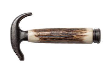 Close-up of a knife's handle and blade.  Dark metal blade with a hooked tip.  Light-brown antler handle.  Smooth, detailed texture on the handle