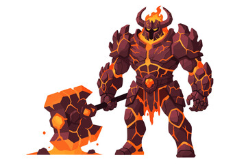 Fiery magma golem armored in volcanic rock wields a molten hammer