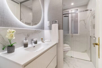 Modern bathroom interior in minimal scandinavian style, 3d render