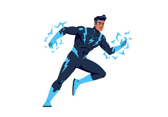 Fototapeta premium Energetic superhero sprints crackling with blue energy in a dynamic pose