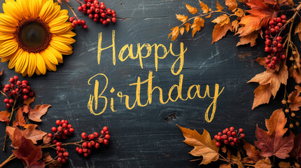 Autumnal happy birthday greeting with sunflower and berries on a dark textured background