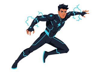 Lightning bolts radiate from a dashing hero in a blackblue suit