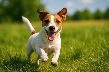 Happy Jack Russell Terrier Running Through a Lush Green Meadow in Sunshine