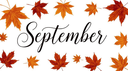Elegant september typography surrounded by a vibrant border of falling autumn maple leaves