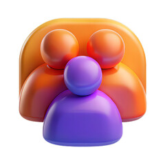 Gradient Orange, Purple, and Blue Plastic User Group Icon with Three Rounded Figures, Soft Lighting and Reflections, Transparent Background
