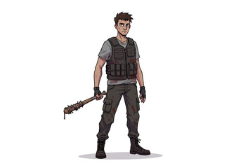 Survivor stands with barbedwire bat blood stains hinting at a fierce fight in a postapocalyptic world