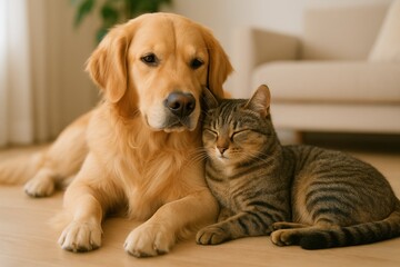 Dog and Cat Cuddling A Golden Retriever and Tabby Cat Friendship Moment