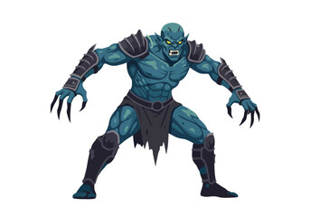 Sinister muscular orc with clawed hands adorned with armor