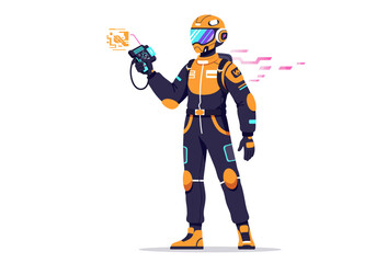 Retrofuturistic racer scans the unknown gear aglow