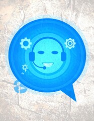 A blue graphic illustration of a friendly chatbot interface with gears, symbolizing automation and customer service.