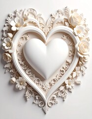 Elegant white heart shape surrounded by intricate floral designs, symbolizing love and artistic craftsmanship.