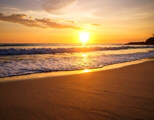 Golden Hour Bliss: Tranquil Beach Scene at Sunset with Gentle Waves and Warm Light