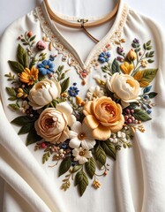 Beautifully embroidered floral design on fabric showcasing intricate details and vibrant colors.