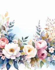 A beautiful floral arrangement featuring various blooming flowers and greenery in soft pastel colors.
