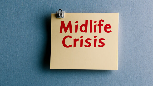 A yellow sticky note displaying the text "Midlife Crisis" in red letters, attached to a blue wall with a clip. Concept of age and adulthood transitions.