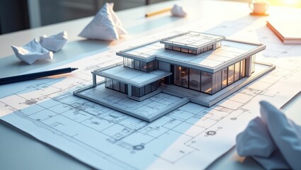 Modern house model positioned on architectural blueprints.