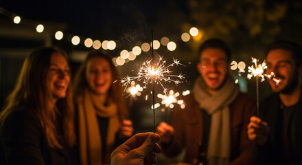 Group of friends celebrating with sparklers at night outdoors  