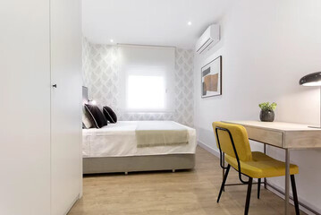 Modern luxury bedroom interior in minimal scandinavian style, 3d render