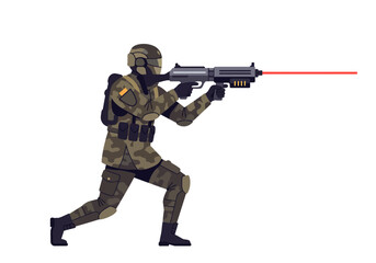 Fototapeta premium Camo soldier aims futuristic gun beam extends from the barrel