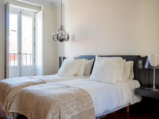 Modern luxury bedroom interior in minimal scandinavian style, 3d render