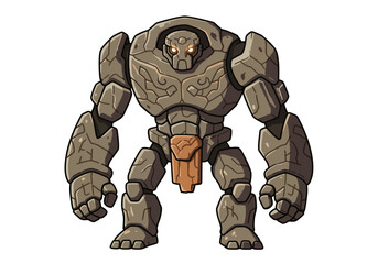 Towering rock golem with glowing eyes ancient engravings  earthy tones stands defiant