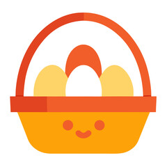 Fototapeta premium Cute cartoon easter basket filled with colorful eggs and a happy smiling face on a black background