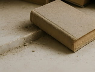 Closed hardcover book covered in thick dust lying on a dirty surface with scattered debris, showing signs of age and long-term neglect in a forgotten place
